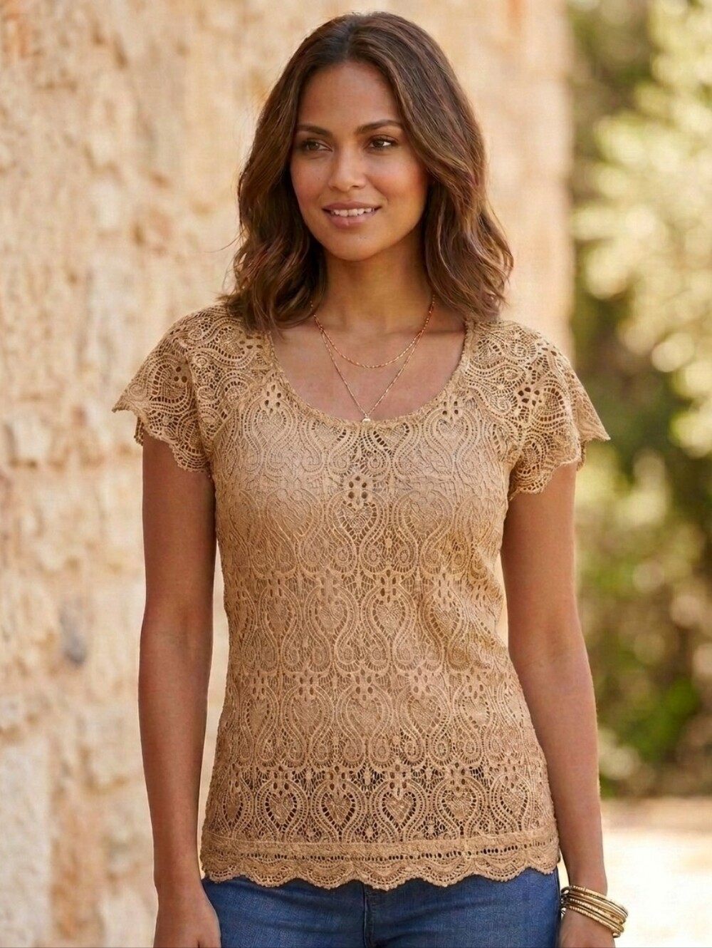 Brittany Black Boho Lace Overlay Flutter Sleeve Blouse - Cream Size Med